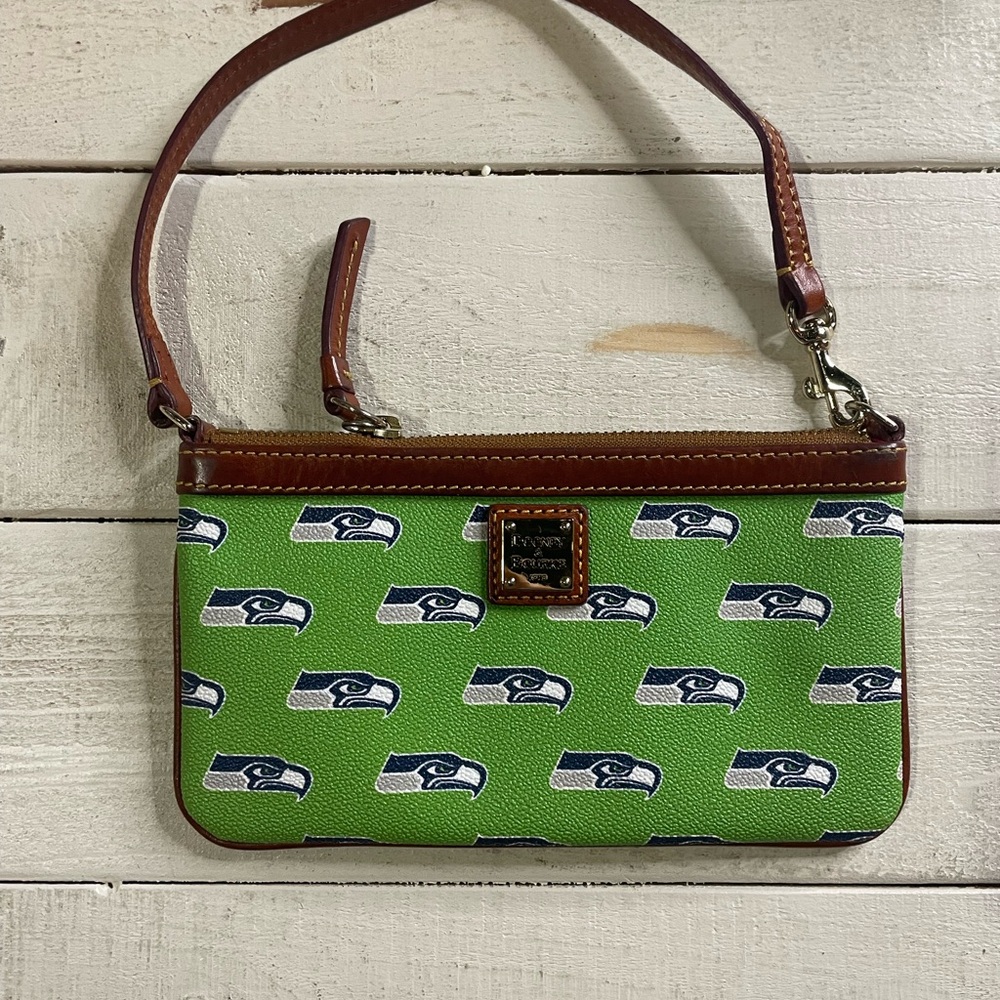 Dooney & Bourke Green Seahawks Logo Wristlet with Brown Trim